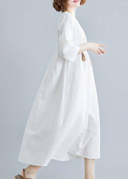 Unique V Neck Tassel Spring White Loose Linen Dress - SooLinen