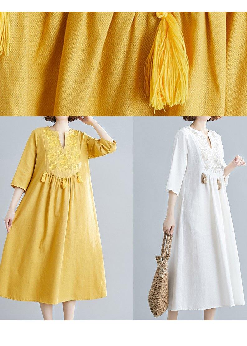 Unique V Neck Tassel Spring White Loose Linen Dress - SooLinen