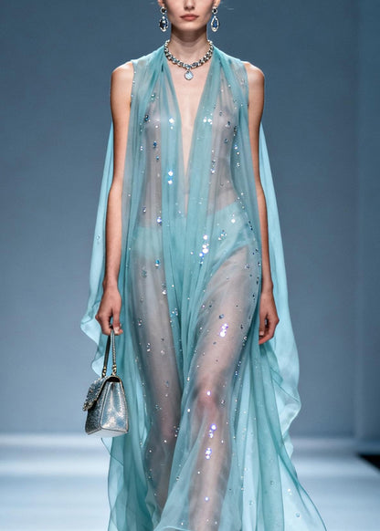 Unique V Neck Zircon Chiffon Long Dresses Summer