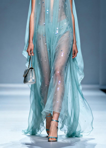Unique V Neck Zircon Chiffon Long Dresses Summer