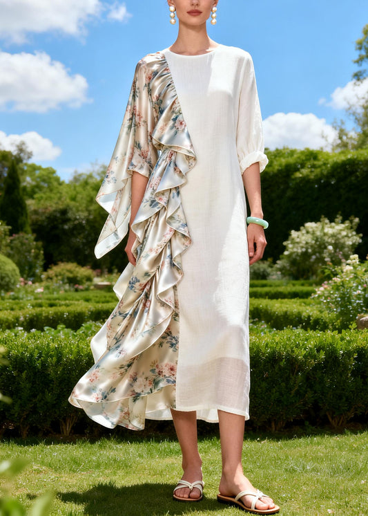 Unique White Asymmetrical Patchwork Linen Silk Long Dress Summer