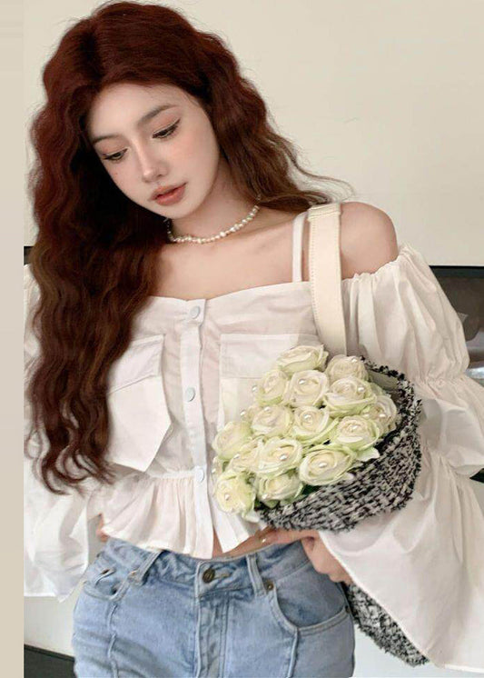 Unique White Cold Shoulder Cotton Shirt Tops Puff Sleeve