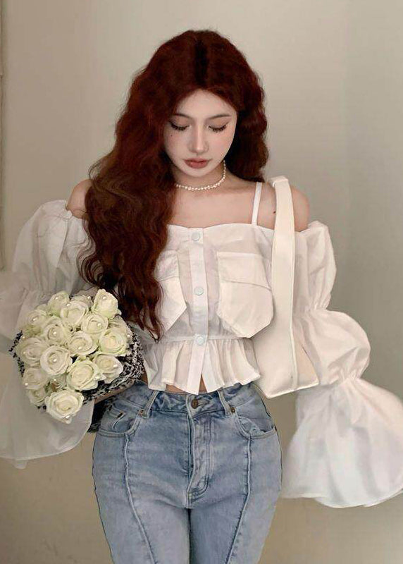 Unique White Cold Shoulder Cotton Shirt Tops Puff Sleeve