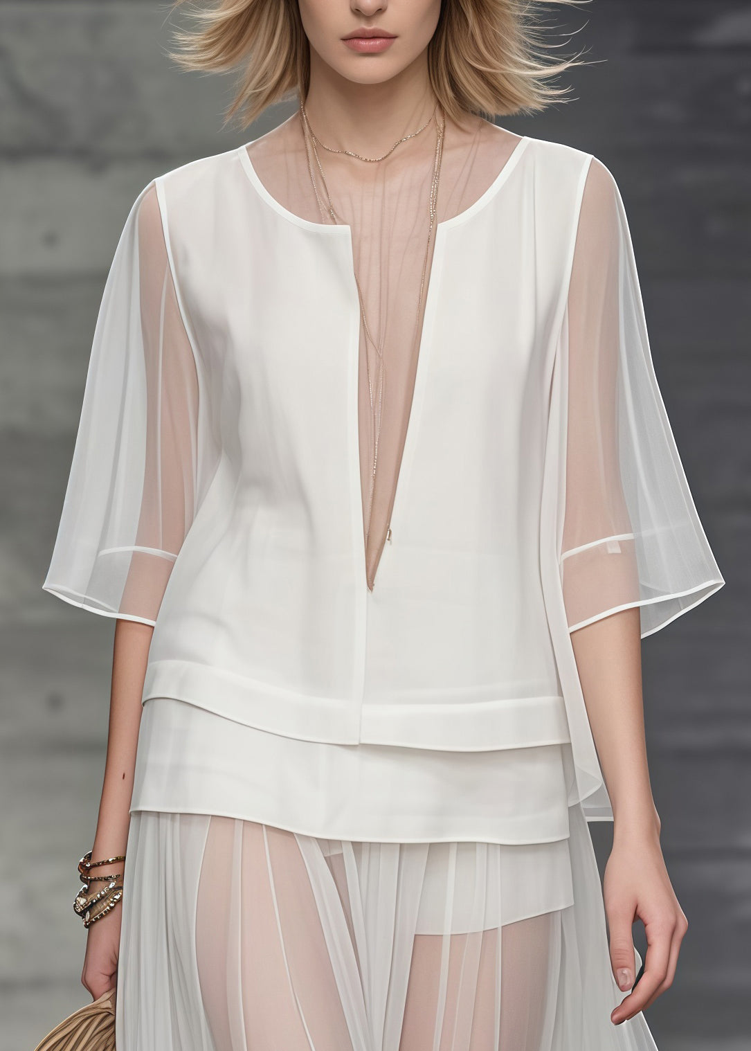 Unique White Deep-V Neck Patchwork Tulle Two Piece Set Women Clothing Summer