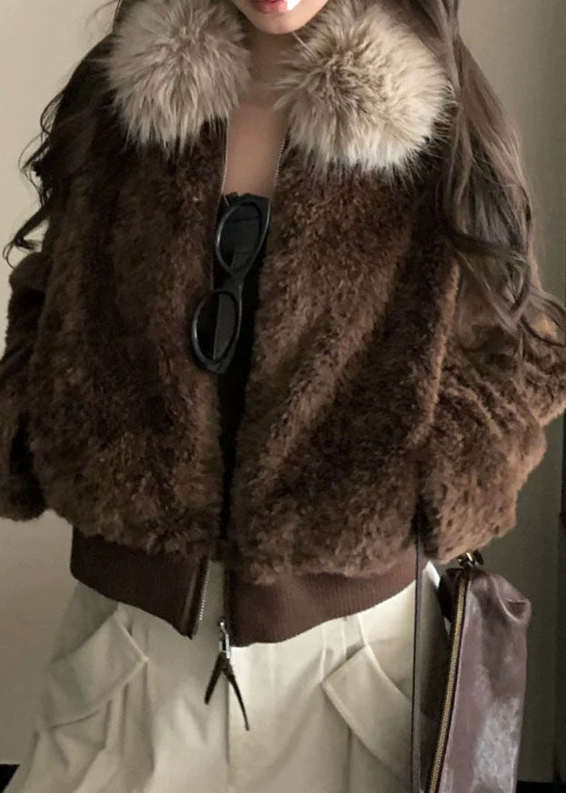 Unique White Fur Collar Pockets Patchwork Faux Fur Jacket Lantern Sleeve