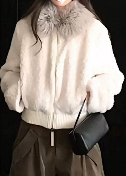 Unique White Fur Collar Pockets Patchwork Faux Fur Jacket Lantern Sleeve