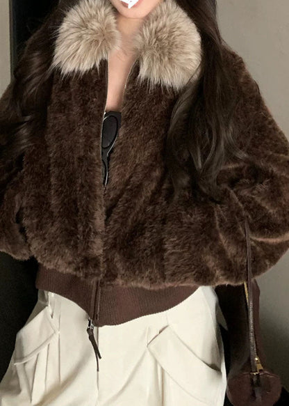 Unique White Fur Collar Pockets Patchwork Faux Fur Jacket Lantern Sleeve