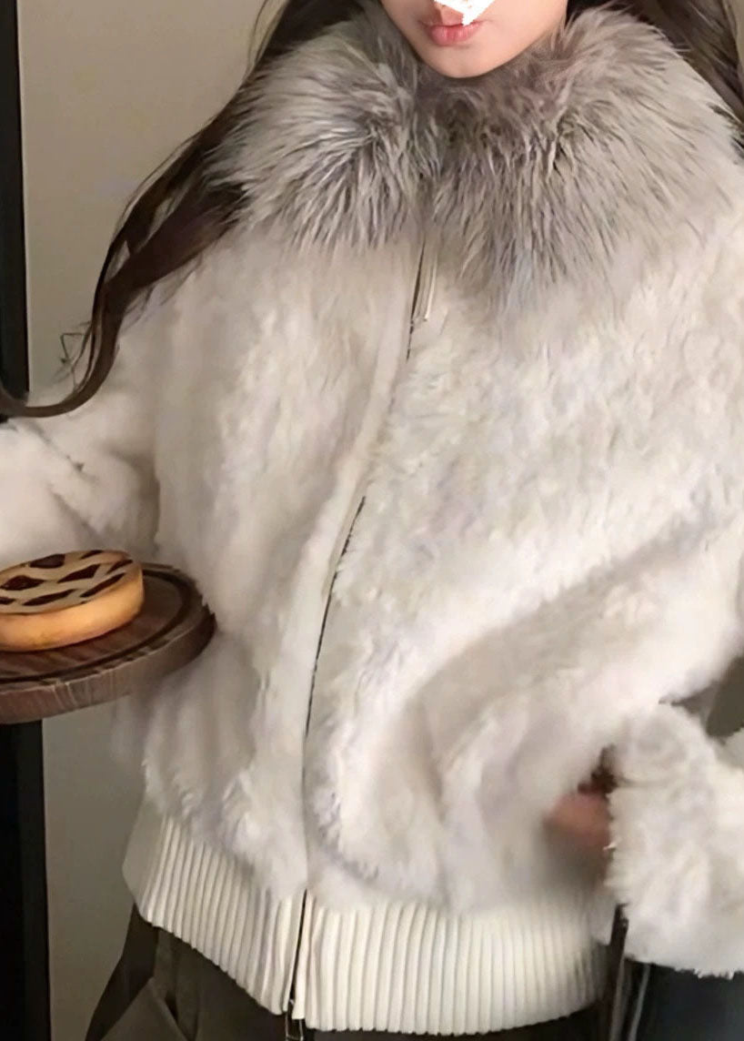 Unique White Fur Collar Pockets Patchwork Faux Fur Jacket Lantern Sleeve