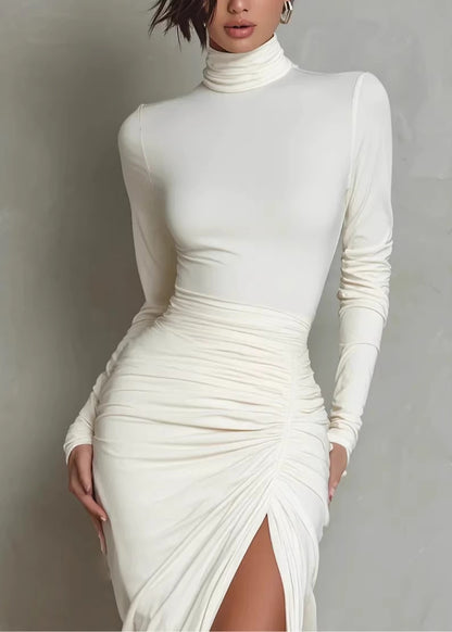 Unique White Hign Neck Side Open Cotton Dress Long Sleeve