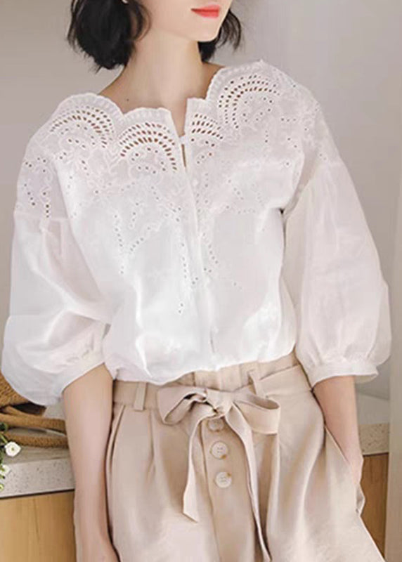 Unique White Hollow Out Shirts Puff Sleeve