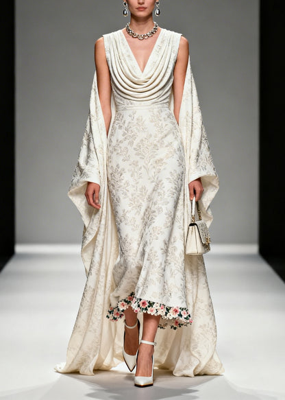 Unique White Jacquard Flower Patchwork Silk Vacation Dresses Summer