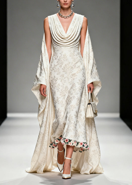 Unique White Jacquard Flower Patchwork Silk Vacation Dresses Summer