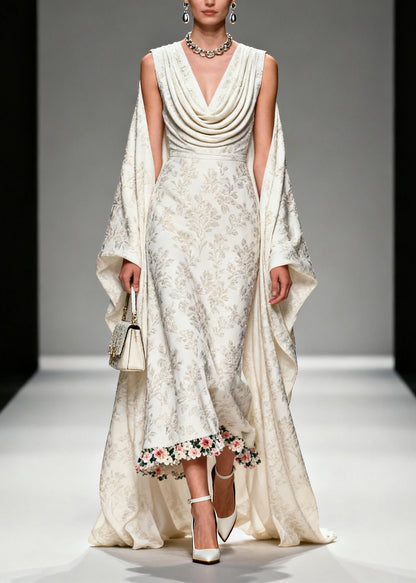 Unique White Jacquard Flower Patchwork Silk Vacation Dresses Summer