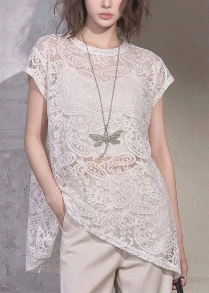 Unique White O-Neck Asymmetrical Lace T Shirt Summer