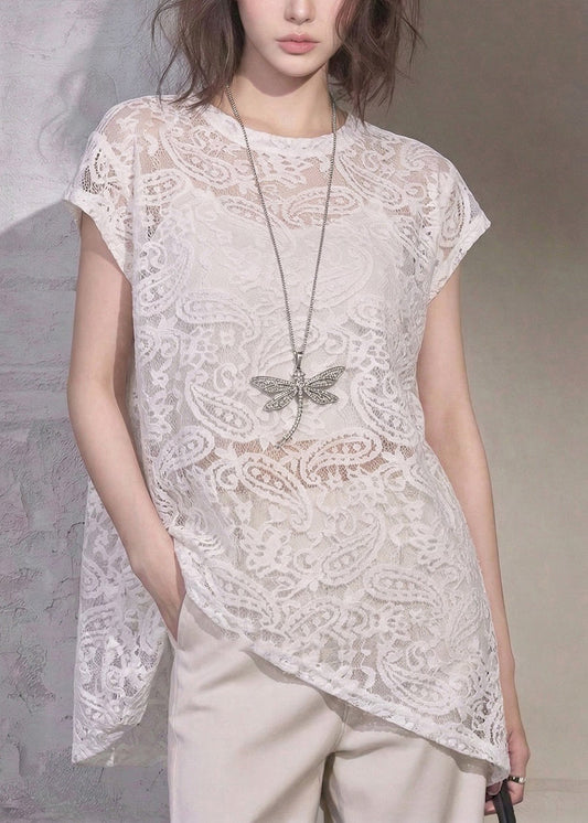 Unique White O-Neck Asymmetrical Lace T Shirt Summer