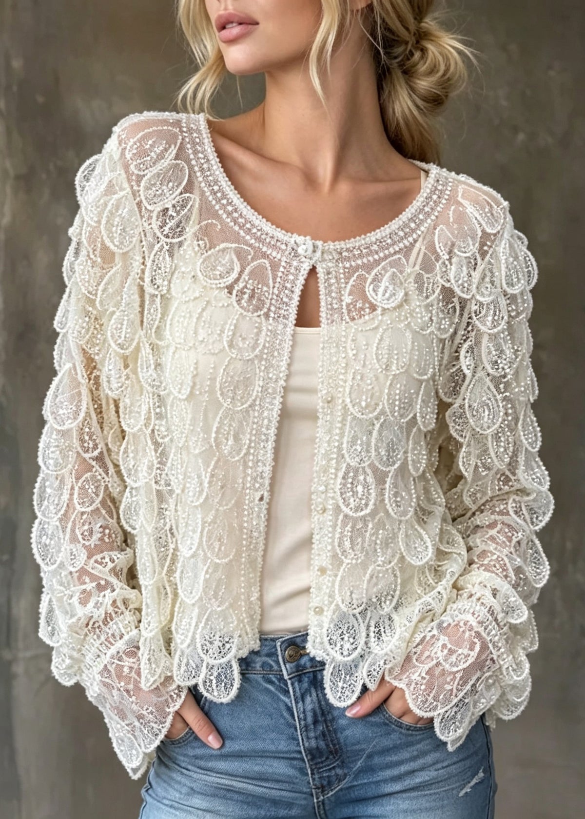 Unique White O Neck Nail Bead Sequins Tulle Cardigans Fall