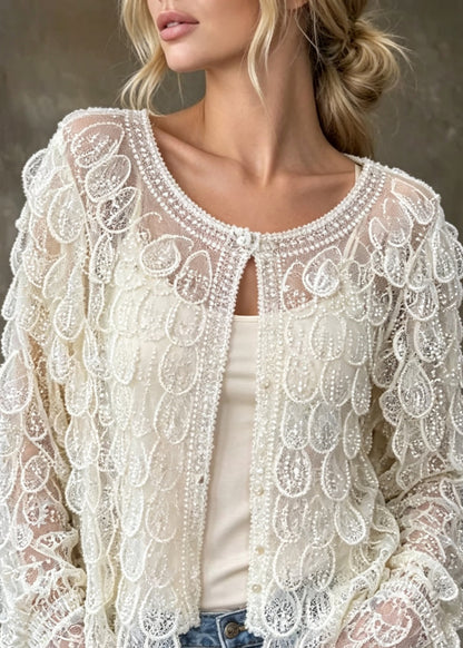 Unique White O Neck Nail Bead Sequins Tulle Cardigans Fall