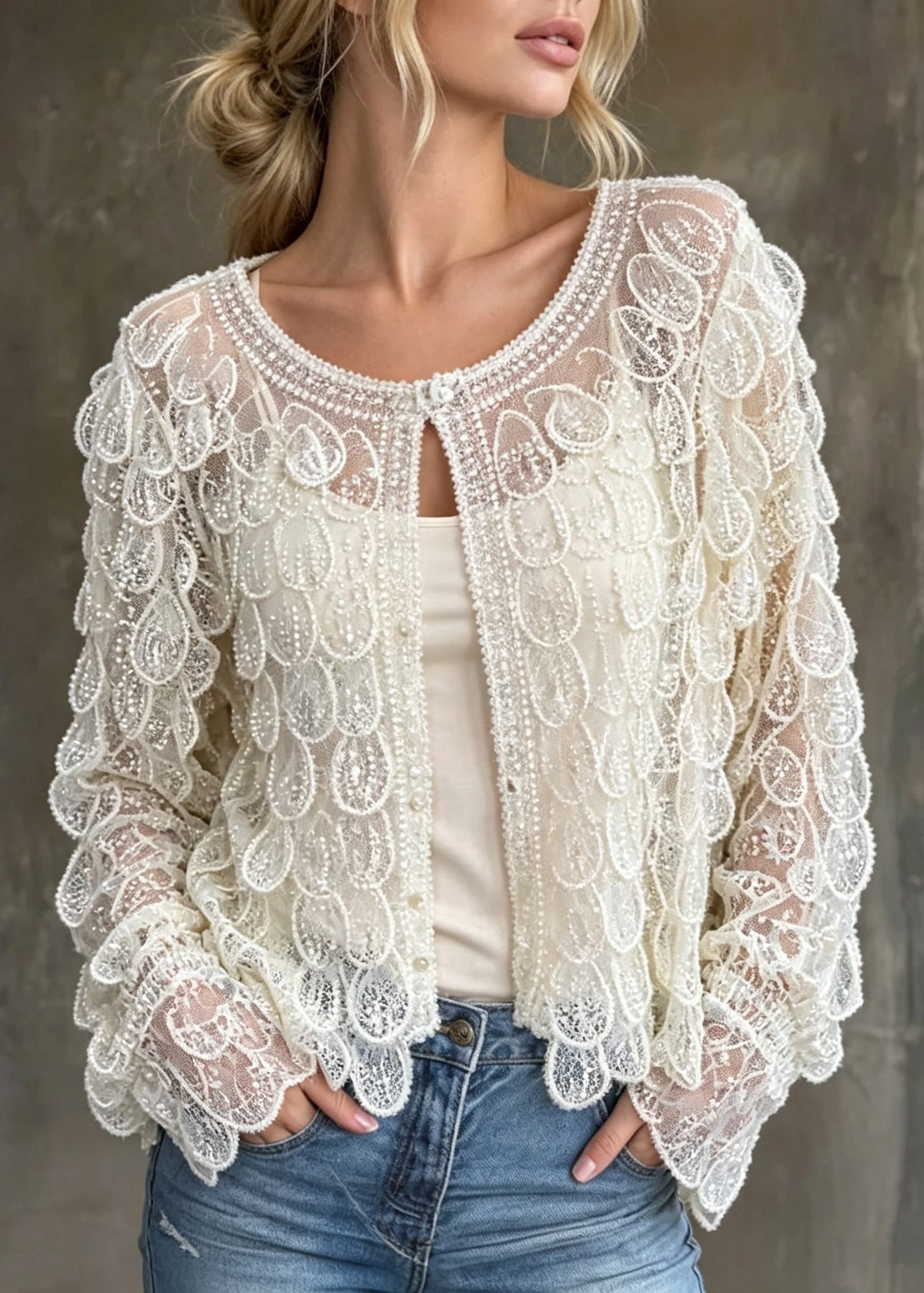 Unique White O Neck Nail Bead Sequins Tulle Cardigans Fall