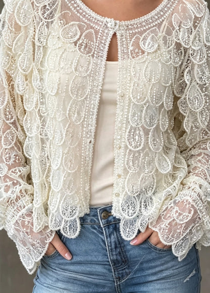 Unique White O Neck Nail Bead Sequins Tulle Cardigans Fall
