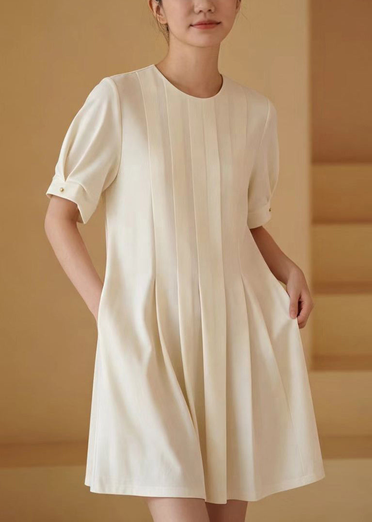 Unique White O-Neck Pleated Work Dress Summer
