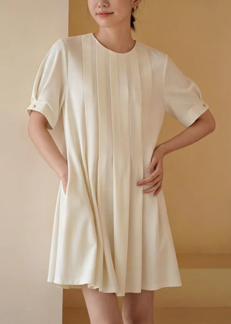 Unique White O-Neck Pleated Work Dress Summer