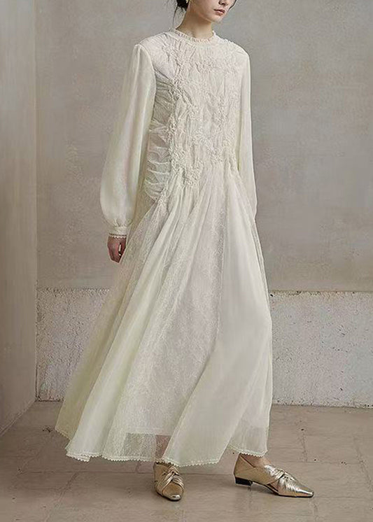 Unique White O-Neck Ruffled Lace Maxi Dresses Fall