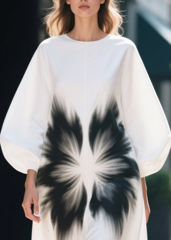 Unique White Oversized Print Cotton Straight Dress Lantern Sleeve
