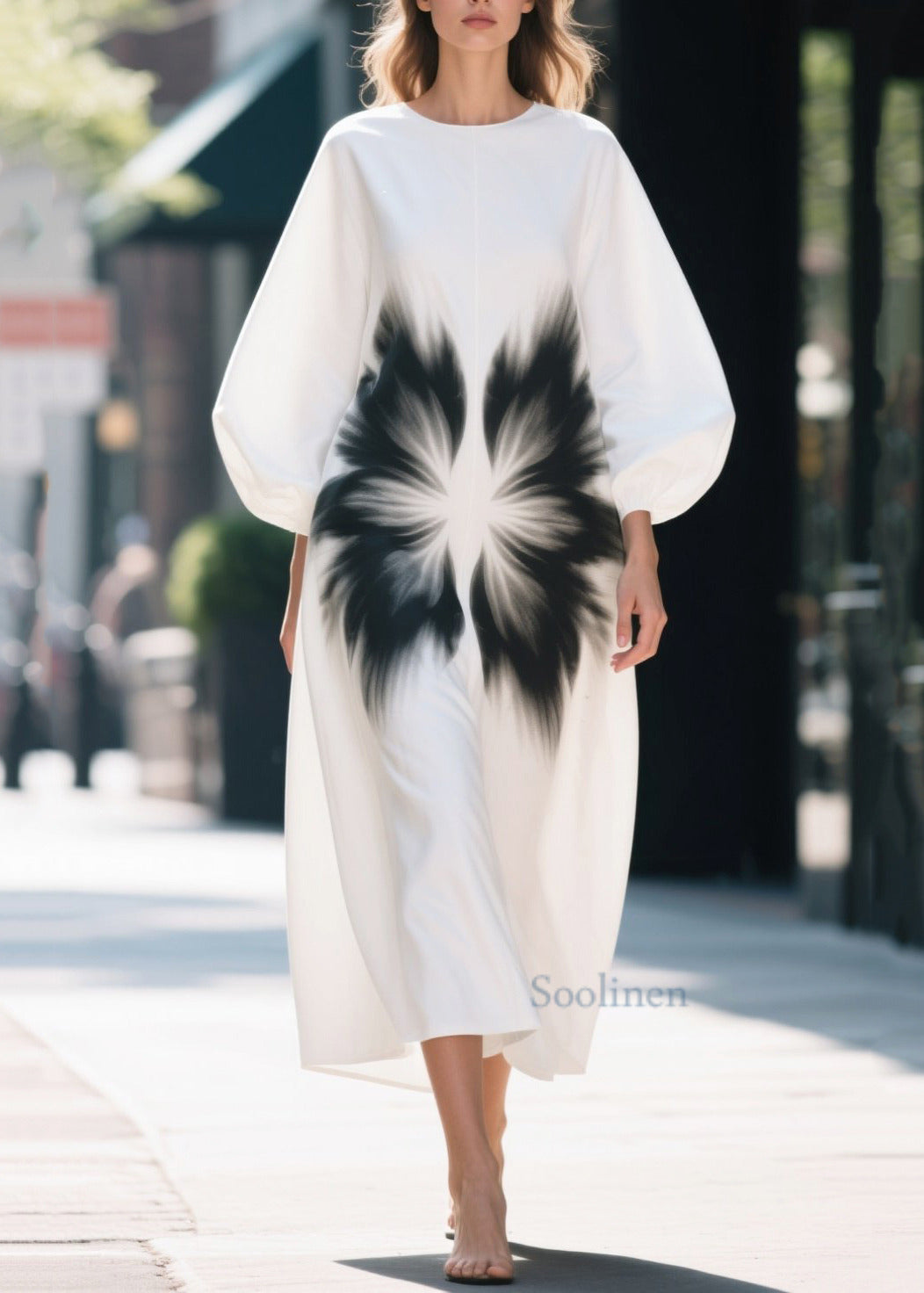 Unique White Oversized Print Cotton Straight Dress Lantern Sleeve