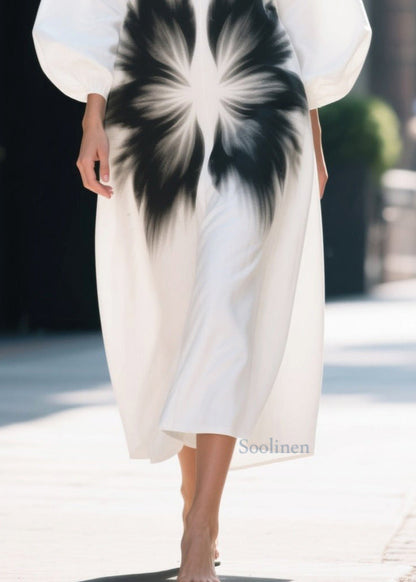 Unique White Oversized Print Cotton Straight Dress Lantern Sleeve