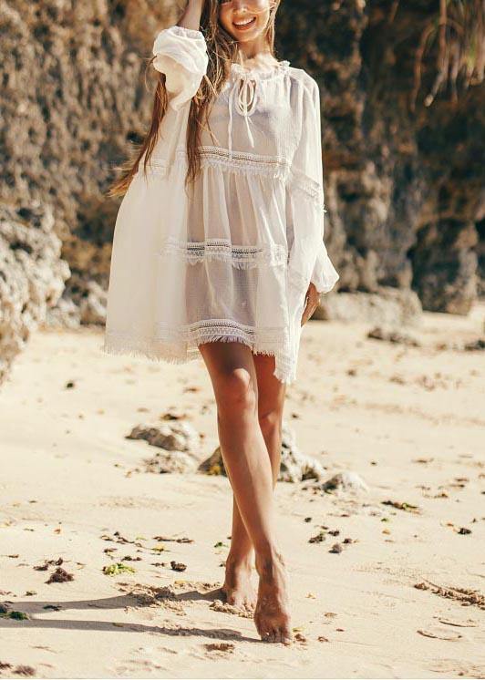 Unique White Patchwork Hollow Out Beach Gown Robe  Chiffon Dress - SooLinen