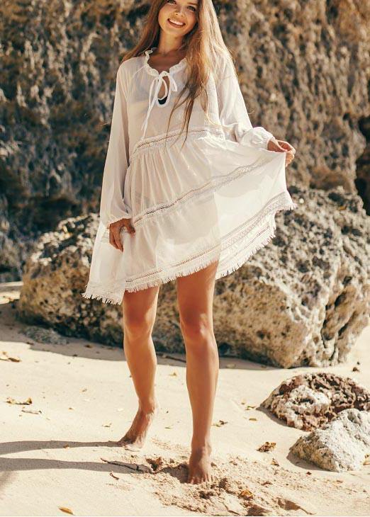 Unique White Patchwork Hollow Out Beach Gown Robe  Chiffon Dress - SooLinen