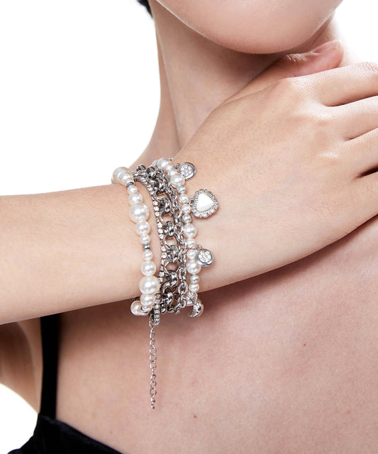 Unique White Pearl Love Heart Pendant Multi Layered Alloy Bracelet
