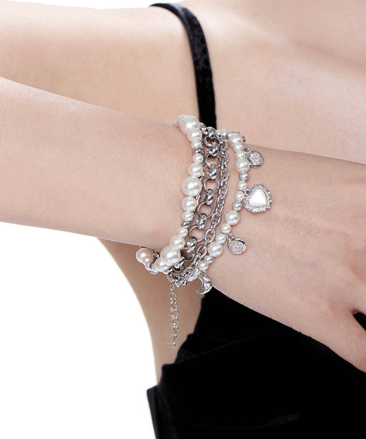 Unique White Pearl Love Heart Pendant Multi Layered Alloy Bracelet