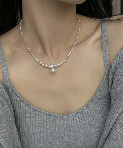 Unique White Pearl Zircon Broken Silver Pendant Necklace