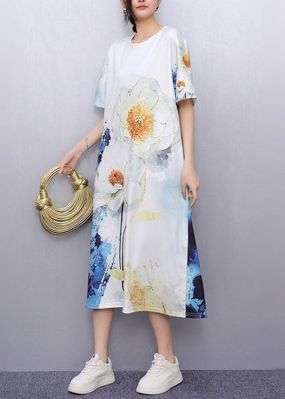 Unique White Print Cotton Straight Dresses Summer