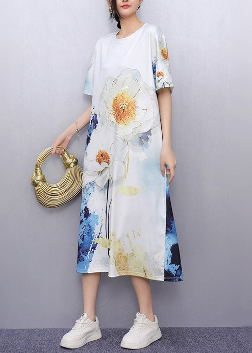 Unique White Print Cotton Straight Dresses Summer