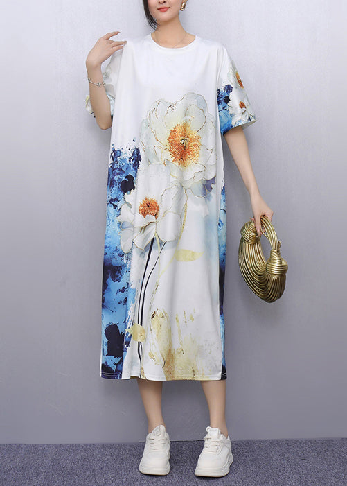 Unique White Print Cotton Straight Dresses Summer
