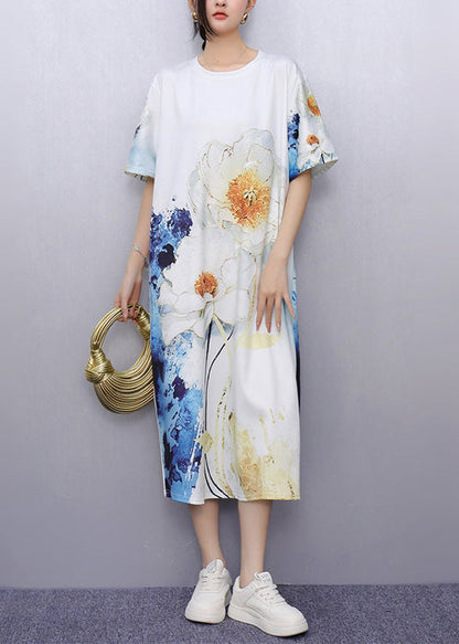 Unique White Print Cotton Straight Dresses Summer