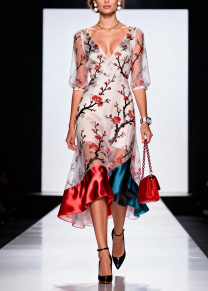 Unique White Print Patchwork Tulle Dresses Summer