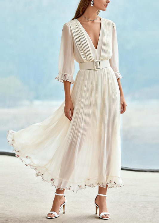 Unique White Ruffled Floral Patchwork Chiffon Long Dresses Summer
