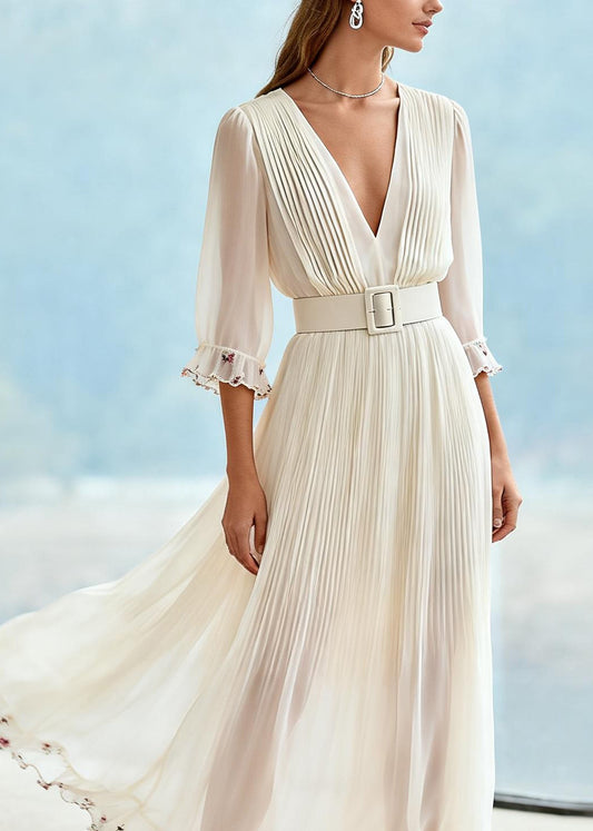 Unique White Ruffled Floral Patchwork Chiffon Long Dresses Summer