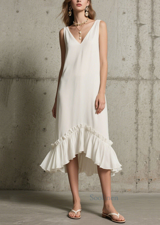 Unique White Ruffled Patchwork Chiffon Dress Sleeveless