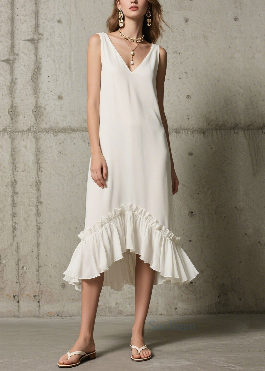 Unique White Ruffled Patchwork Chiffon Dress Sleeveless