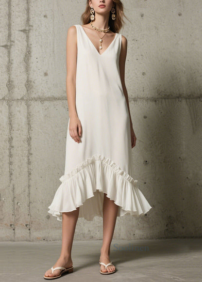 Unique White Ruffled Patchwork Chiffon Dress Sleeveless