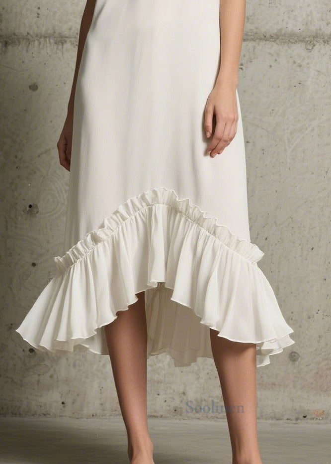 Unique White Ruffled Patchwork Chiffon Dress Sleeveless