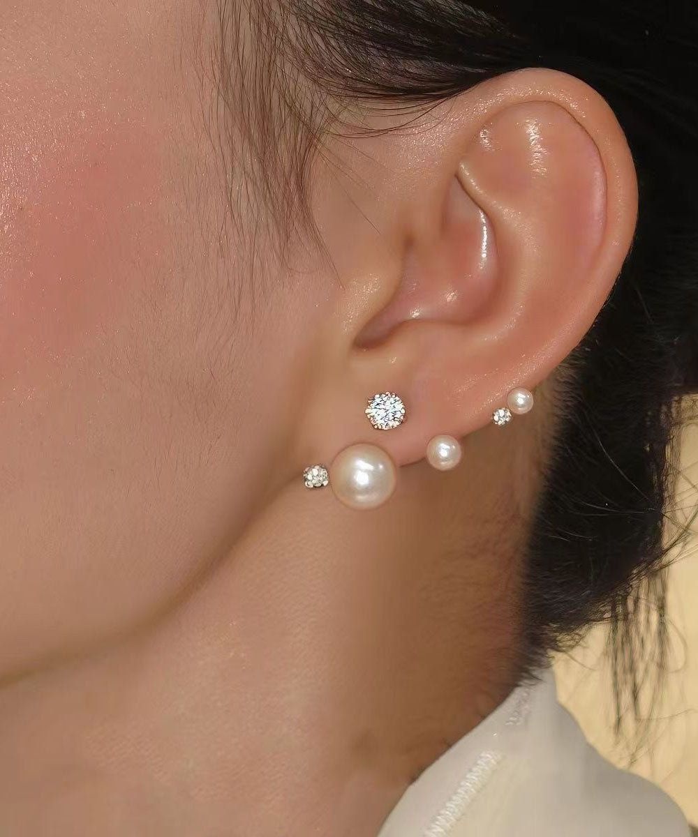 Unique White Sterling Silver Zircon Asymmetric Pearl Stud Earrings
