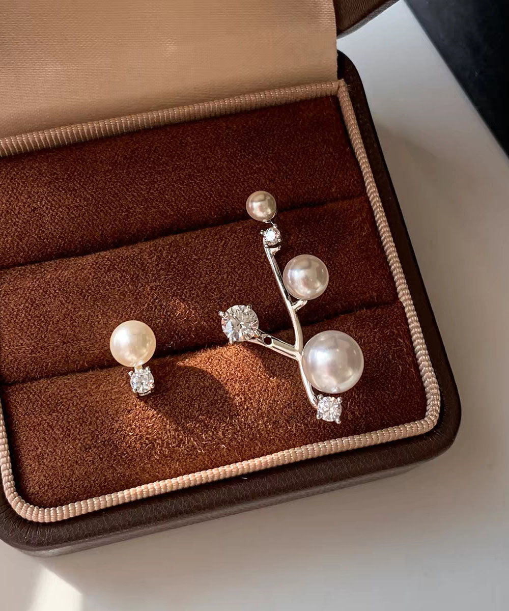 Unique White Sterling Silver Zircon Asymmetric Pearl Stud Earrings