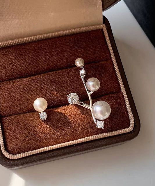 Unique White Sterling Silver Zircon Asymmetric Pearl Stud Earrings