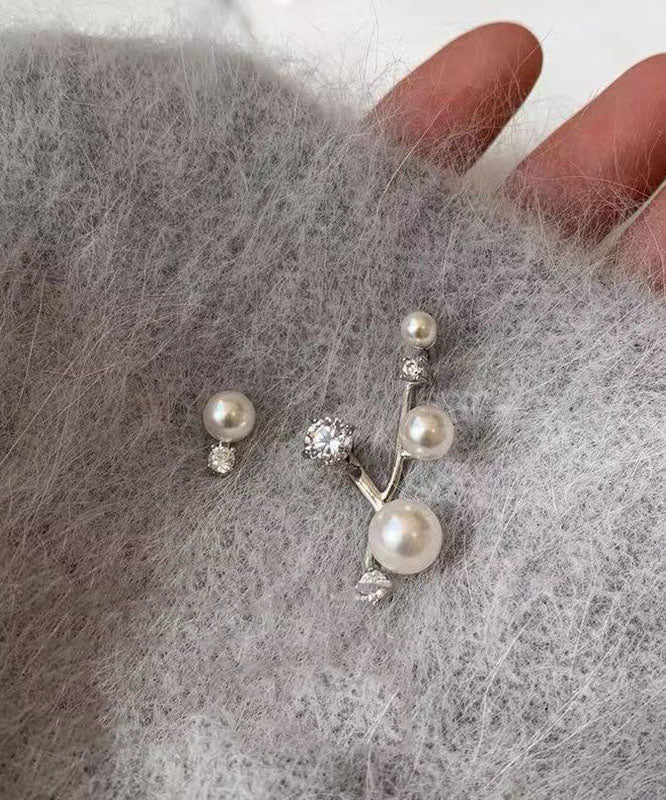 Unique White Sterling Silver Zircon Asymmetric Pearl Stud Earrings