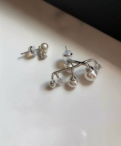Unique White Sterling Silver Zircon Asymmetric Pearl Stud Earrings